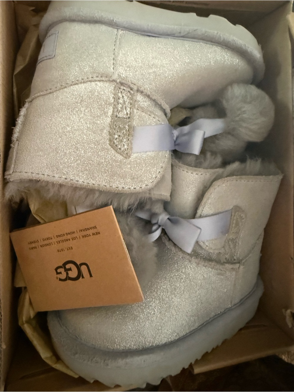 UGG Silver Glitter Mini Boots with Ribbon Bows